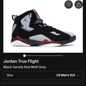 NIKE Air Jordan True Flight 'Black Varsity Red Wolf Grey' Sneakers Size 10.5